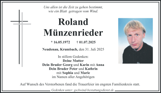 Traueranzeige von Roland Münzenrieder von Mittelschwäbische Nachrichten