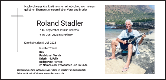 Traueranzeige von Roland Stadler von Mindelheimer Zeitung