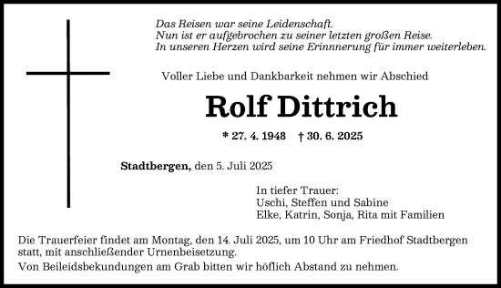 Traueranzeige von Rolf Dittrich von Augsburger Allgemeine