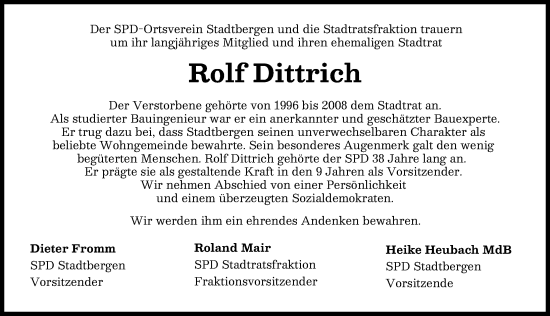 Traueranzeige von Rolf Dittrich von Augsburger Allgemeine