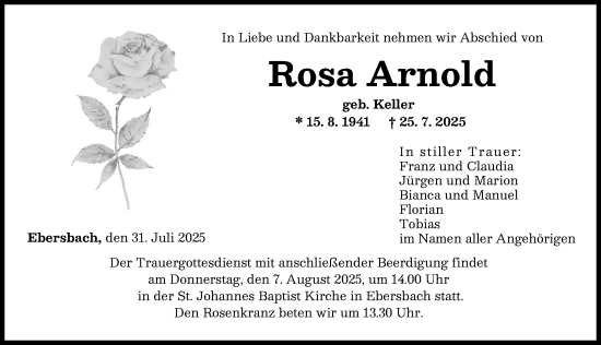 Traueranzeige von Rosa Arnold von Günzburger Zeitung