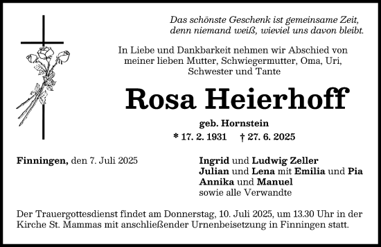 Traueranzeige von Rosa Heierhoff von Neu-Ulmer Zeitung