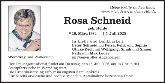 Traueranzeige von Rosa Schneid von Donauwörther Zeitung, Rieser Nachrichten