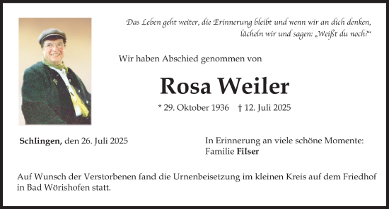 Traueranzeige von Rosa Weiler von Mindelheimer Zeitung