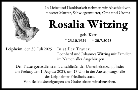 Traueranzeige von Rosalia Witzing von Günzburger Zeitung