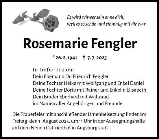 Traueranzeige von Rosemarie Fengler von Augsburger Allgemeine
