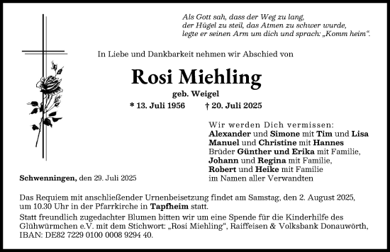 Traueranzeige von Rosi Miehling von Donau Zeitung, Donauwörther Zeitung