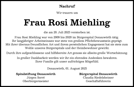 Traueranzeige von Rosi Miehling von Donauwörther Zeitung