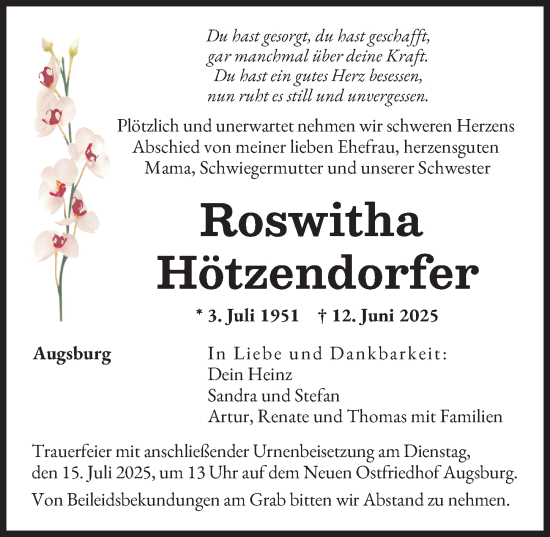 Traueranzeige von Roswitha Hötzendorfer von Augsburger Allgemeine