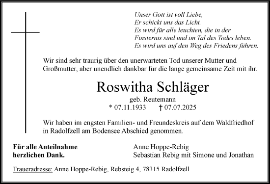 Traueranzeige von Roswitha Schläger von Mindelheimer Zeitung