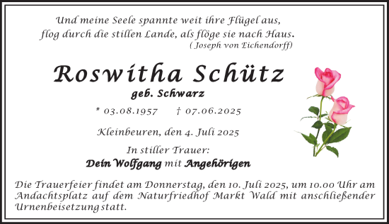 Traueranzeige von Roswitha Schütz von Günzburger Zeitung