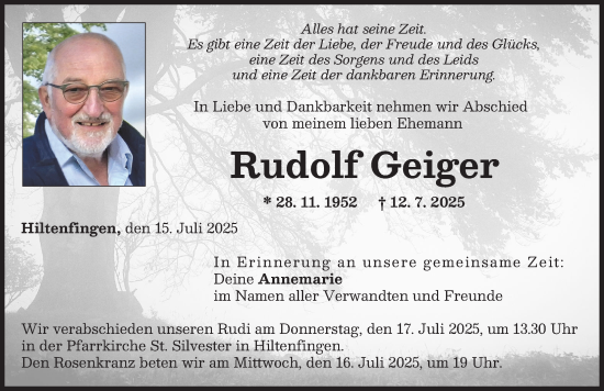 Traueranzeige von Rudolf Geiger von Schwabmünchner Allgemeine