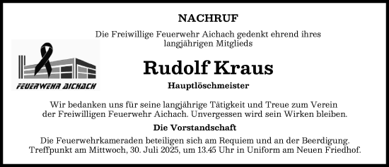 Traueranzeige von Rudolf Kraus von Aichacher Nachrichten