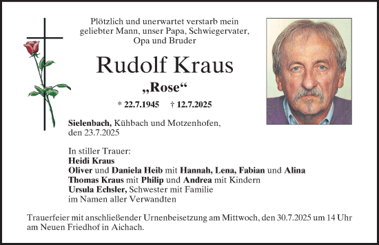 Traueranzeige von Rudolf Kraus von Aichacher Nachrichten