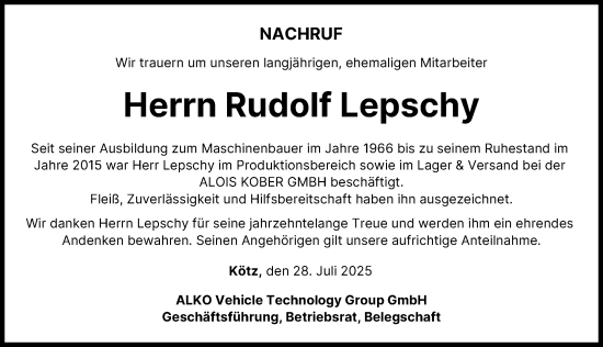 Traueranzeige von Rudolf Lepschy von Günzburger Zeitung, Mittelschwäbische Nachrichten