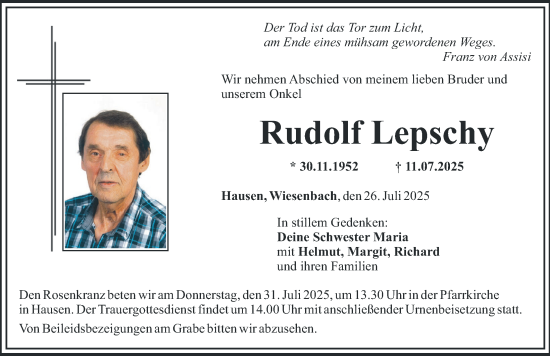 Traueranzeige von Rudolf Lepschy von Mittelschwäbische Nachrichten, Günzburger Zeitung