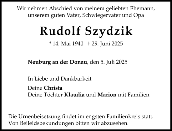 Traueranzeige von Rudolf Szydzik von Neuburger Rundschau