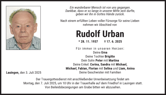 Traueranzeige von Rudolf Urban von Donau Zeitung
