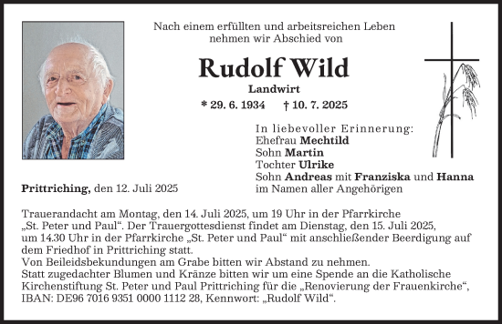 Traueranzeige von Rudolf Wild von Landsberger Tagblatt