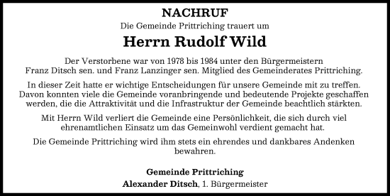 Traueranzeige von Rudolf Wild von Landsberger Tagblatt