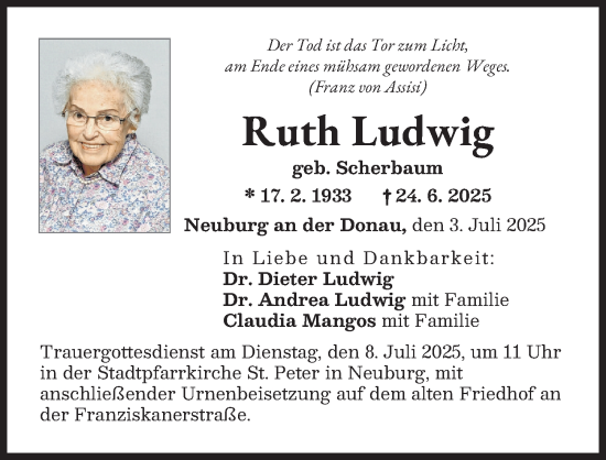 Traueranzeige von Ruth Ludwig von Neuburger Rundschau