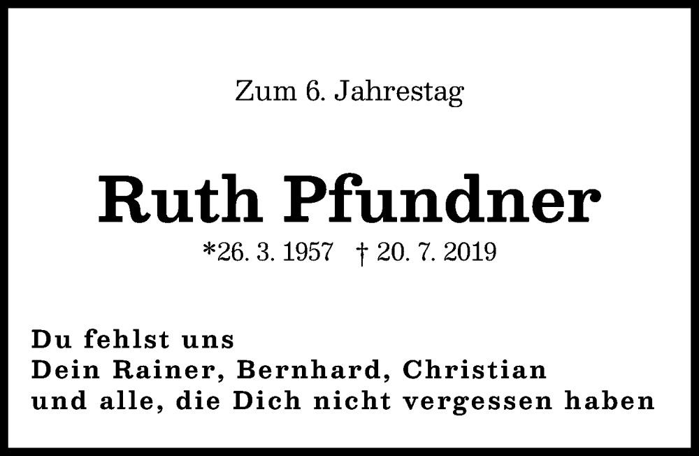  Traueranzeige für Ruth Pfundner vom 19.07.2025 aus Augsburger Allgemeine