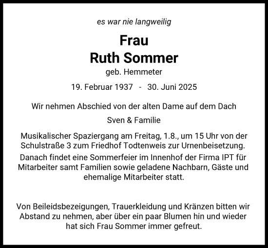 Traueranzeige von Ruth Sommer von Aichacher Nachrichten