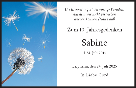 Traueranzeige von Sabine  von Günzburger Zeitung