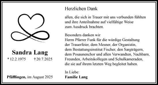 Traueranzeige von Sandra Lang von Rieser Nachrichten