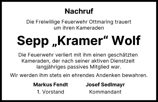 Traueranzeige von Sepp Wolf von Friedberger Allgemeine