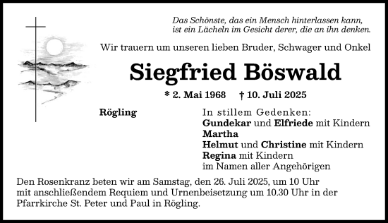 Traueranzeige von Siegfried Böswald von Donauwörther Zeitung