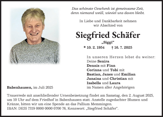 Traueranzeige von Siegfried Schäfer von Illertisser Zeitung