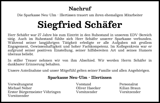 Traueranzeige von Siegfried Schäfer von Neu-Ulmer Zeitung