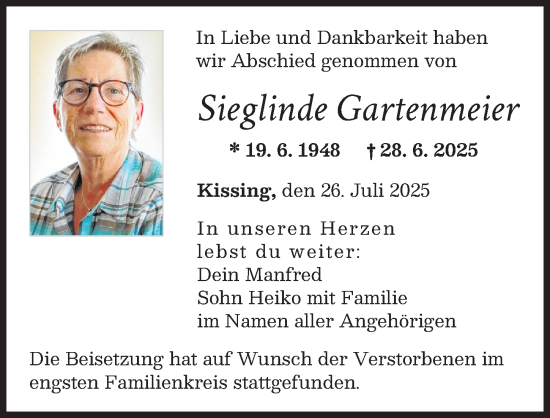 Traueranzeige von Sieglinde Gartenmeier von Augsburger Allgemeine