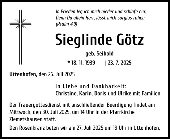 Traueranzeige von Sieglinde Götz von Augsburg-Land, Mittelschwäbische Nachrichten