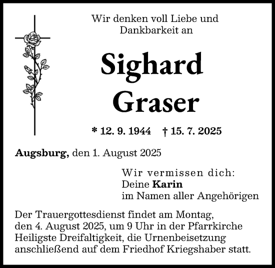 Traueranzeige von Sighard Graser von Augsburger Allgemeine