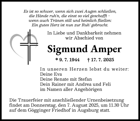 Traueranzeige von Sigmund Amper von Augsburger Allgemeine