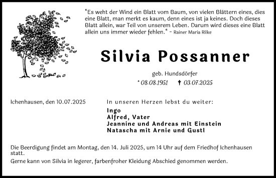Traueranzeige von Silvia Possanner von Günzburger Zeitung