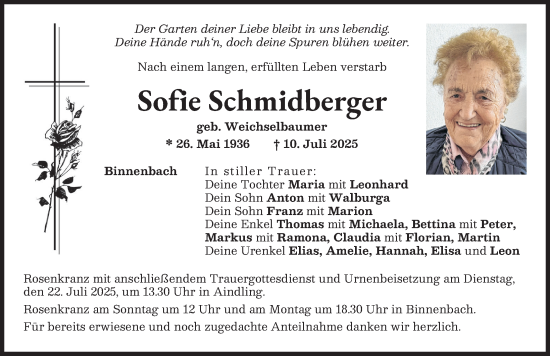 Traueranzeige von Sofie Schmidberger von Aichacher Nachrichten