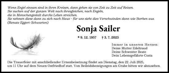 Traueranzeige von Sonja Sailer von Augsburger Allgemeine