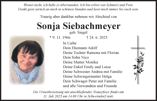 Traueranzeige von Sonja Siebachmeyer von Rieser Nachrichten