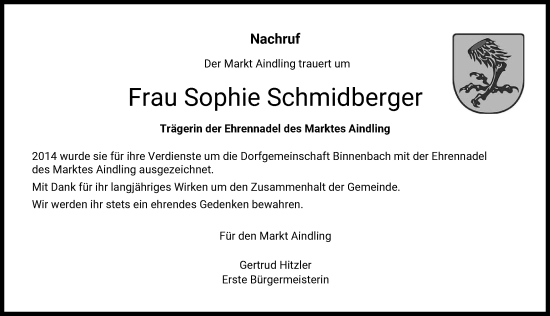 Traueranzeige von Sophie Schmidberger von Aichacher Nachrichten