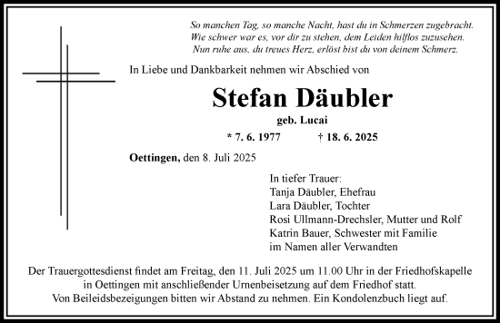 Traueranzeige von Stefan Däubler von Rieser Nachrichten