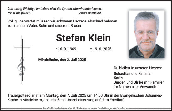 Traueranzeige von Stefan Klein von Mindelheimer Zeitung