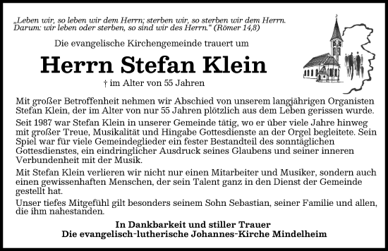 Traueranzeige von Stefan Klein von Mindelheimer Zeitung