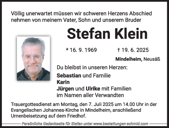 Traueranzeige von Stefan Klein von Augsburger Allgemeine