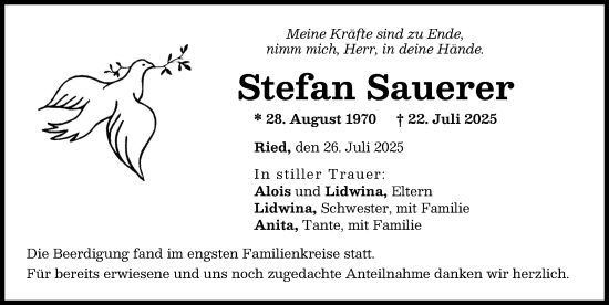 Traueranzeige von Stefan Sauerer von Neuburger Rundschau