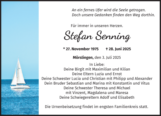 Traueranzeige von Stefan Senning von Donau Zeitung
