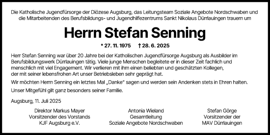 Traueranzeige von Stefan Senning von Günzburger Zeitung, Donau Zeitung