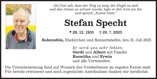 Traueranzeige von Stefan Specht von Neuburger Rundschau